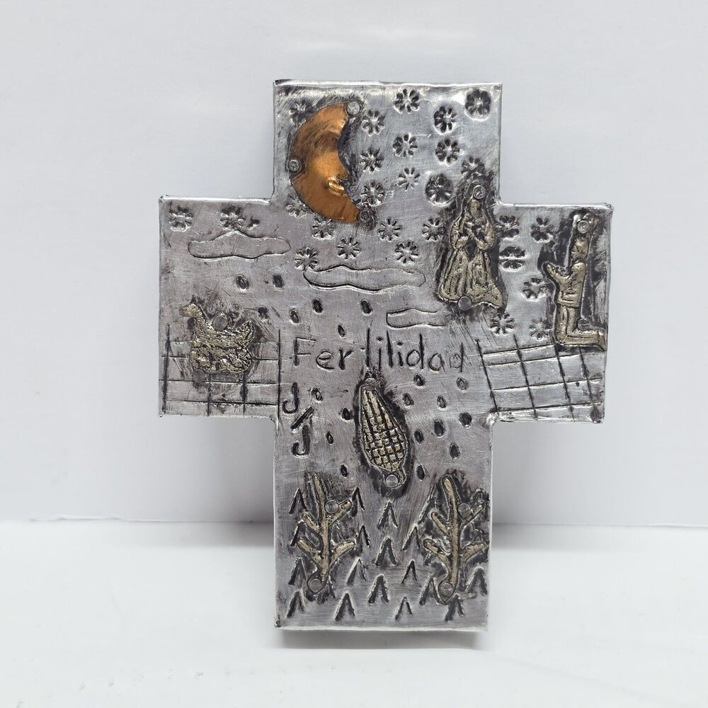 Milagros Fertility Punched Tin Cross Wood Sacred Heart Religious Folk Art 5"x4"